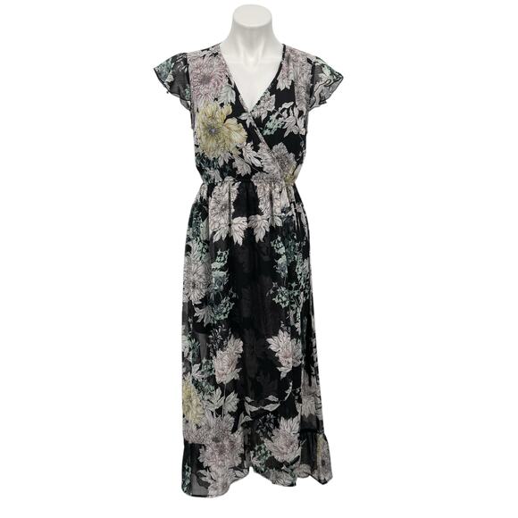 Band of Gypsies Prairie Ruffle Dress Women SZ M Black Floral Boho Vintage Style - Picture 1 of 14